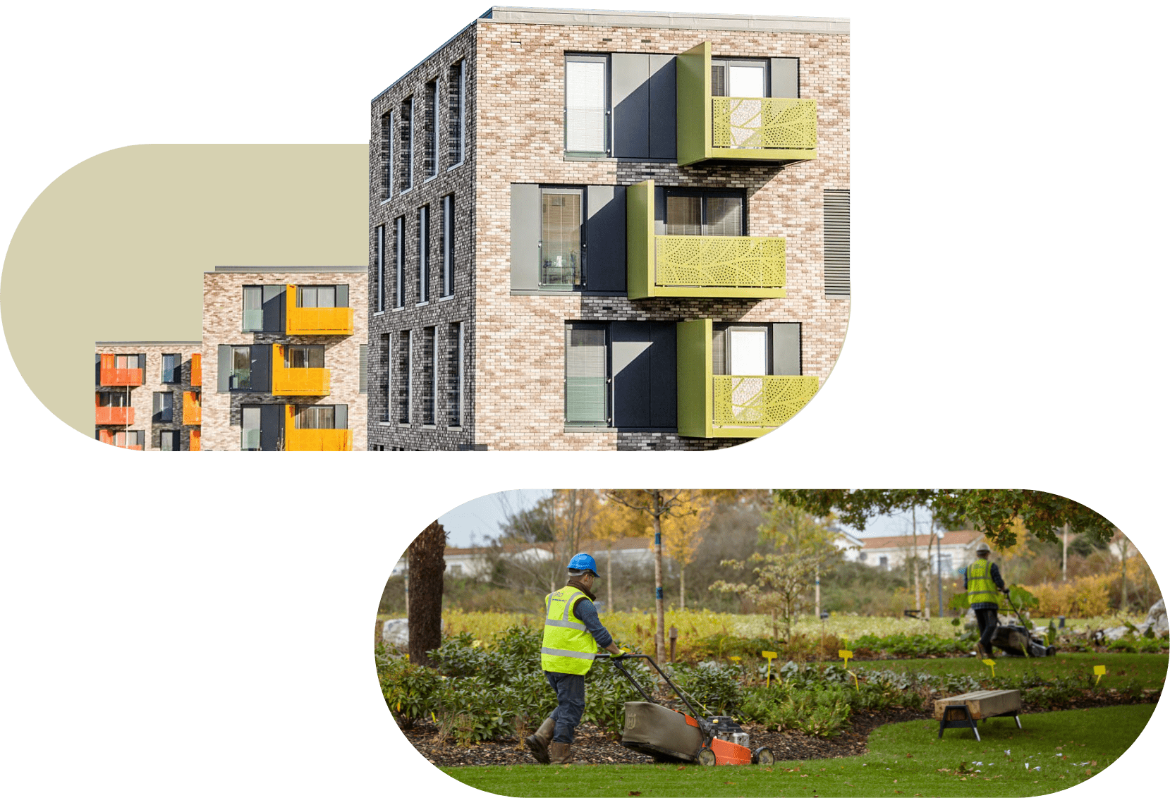 Side view of 3 of the IBSA buildings and people doing landscaping